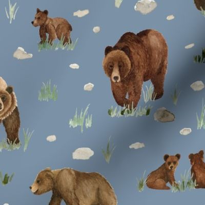 watercolor grizzly bears on misty blue - Angelina Maria Designs