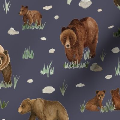 watercolor grizzly bears on navy - Angelina Maria Designs
