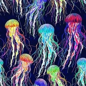 Electric Jellyfish - pink, teal, green, blue on navy