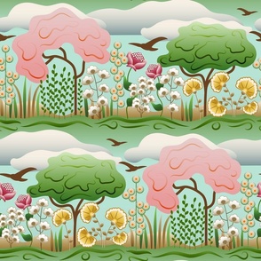 Colorful Mid Century Modern (MCM) Nature Scene // Trees, Flowers, Grass, Hills, Soaring Birds, Clouds, Sky // Seamless Repeat // V1 // 800 DPI