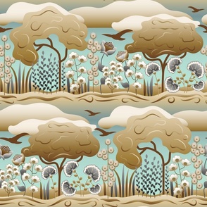 Mid Century Modern (MCM) Nature Scene // Trees, Flowers, Grass, Hills, Soaring Birds, Clouds, Day Sky // Neutral Hues // Brown, Gray, Sky Blue, Cream // Seamless Repeat  // V2 // 800 DPI