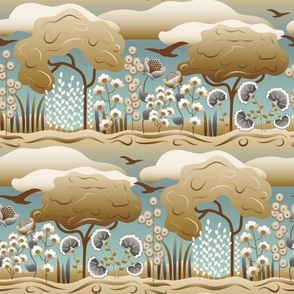 Mid Century Modern (MCM) Nature Scene // Trees, Flowers, Grass, Hills, Soaring Birds, Clouds, Evening Sky // Neutral Hues // Brown, Gray, Steel Blue, Cream // Seamless Repeat // V3 // 800 DPI