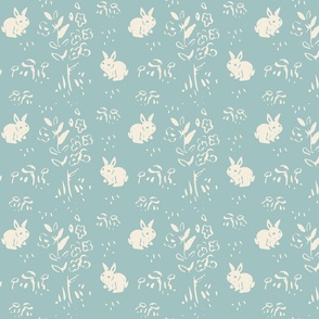 Woodland bunnies _ aqua blue and cream _ small scale 