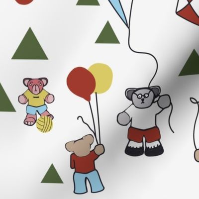 Playful Teddy Bears Flying Kite Balloon Contemporary for kids - Bright Colours on Off White - Kids Fabric Sheets