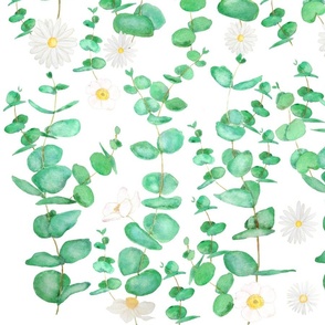 eucalyptus leaf and white flowers pattern
