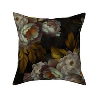 Baroque bold moody floral flower garden with english roses, bold peonies, lush antiqued flemish flowers mystic night