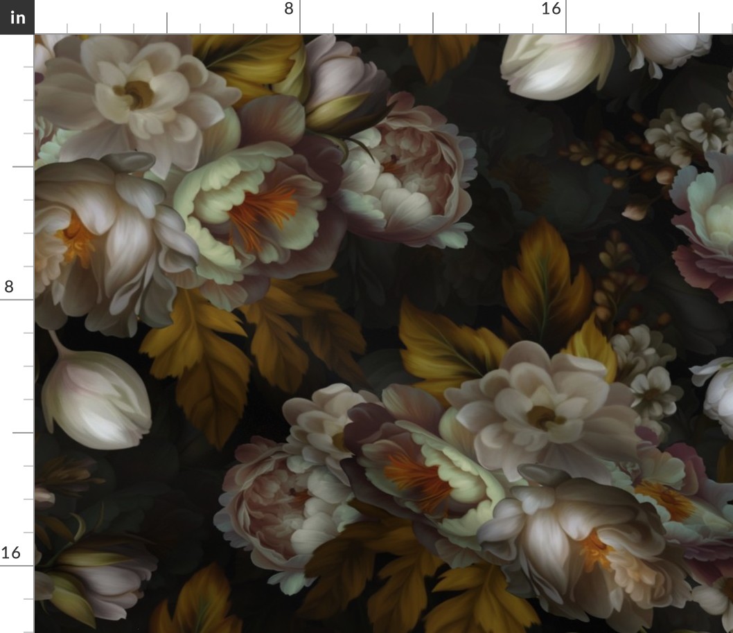 Baroque bold moody floral flower garden with english roses, bold peonies, lush antiqued flemish flowers mystic night