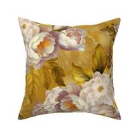 Baroque yellow bold moody floral flower garden with english roses, bold peonies, lush antiqued flemish flowers sunny golden park