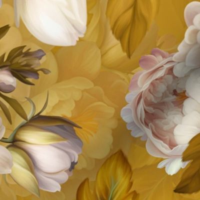 Baroque yellow bold moody floral flower garden with english roses, bold peonies, lush antiqued flemish flowers sunny golden park