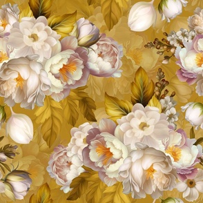 Baroque yellow bold moody floral flower garden with english roses, bold peonies, lush antiqued flemish flowers sunny golden park