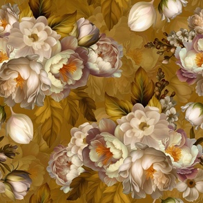 Baroque gold bold moody floral flower garden with english roses, bold peonies, lush antiqued flemish flowers deep gold