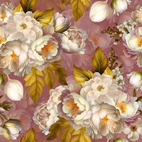 Baroque bold moody floral flower garden with english roses, bold peonies, lush antiqued flemish  flowers gold pink 