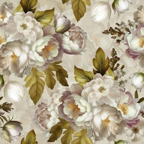 Baroque bold moody floral flower garden with english roses, bold peonies, lush antiqued flemish flowers soft grey and white 