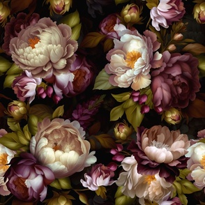 Baroque burgundy bold moody floral flower garden with english roses, bold peonies, lush antiqued flemish  flowers