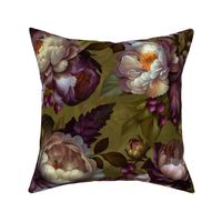 Baroque burgundy bold moody floral flower garden with english roses, bold peonies, lush antiqued flemish flowers