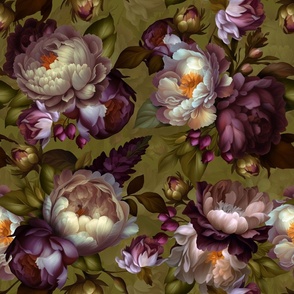 Baroque burgundy bold moody floral flower garden with english roses, bold peonies, lush antiqued flemish flowers