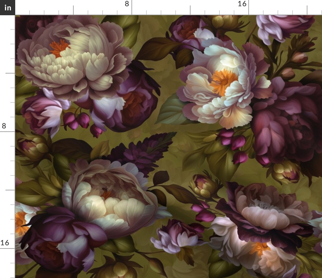 Baroque burgundy bold moody floral flower garden with english roses, bold peonies, lush antiqued flemish flowers