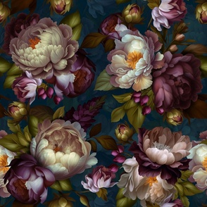 Baroque burgundy bold moody floral flower garden with english roses, bold peonies, lush antiqued flemish  flowers