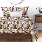 Baroque bold moody floral flower garden with english roses, bold peonies, lush antiqued flemish flowers 