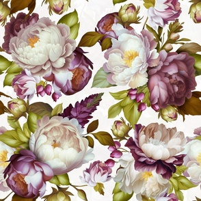 Baroque bold moody floral flower garden with english roses, bold peonies, lush antiqued flemish flowers 