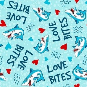 Medium Scale Love Bites Sarcastic Valentine Sharks on Aqua Blue
