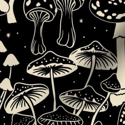 Mushroom Collection - botanical of assorted fungi - cream on black - jumbo