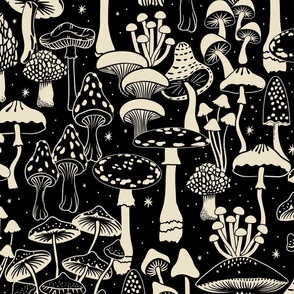 Mushroom Collection - botanical of assorted fungi - cream on black - jumbo