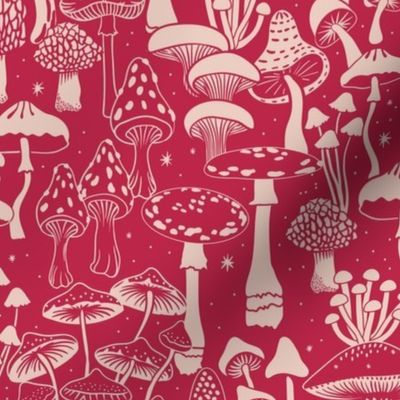 Mushroom Collection - botanical of assorted fungi - Pale Dogwood &  Viva Magenta - large