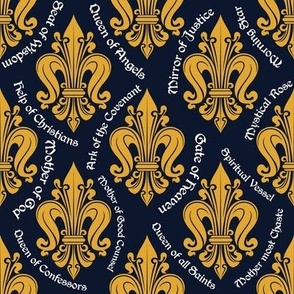 Titles of Mary in English with Fleur de Lis on Dark Blue Background