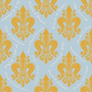 Ice Blue Titles of Mary on Fleur de Lis Background