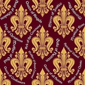 Maroon Titles of Mary in English on Fleur de Lis Background