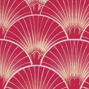 Art deco gold scallop. Art deco fan, palm tree leaf. Art noveau. Viva magenta 2023 colour of the year.