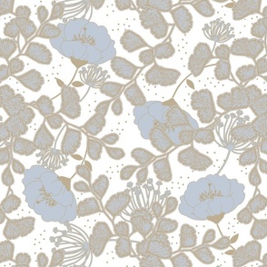 Maiden Ferns and Poppies - Plein Air Blue/Khaki on White