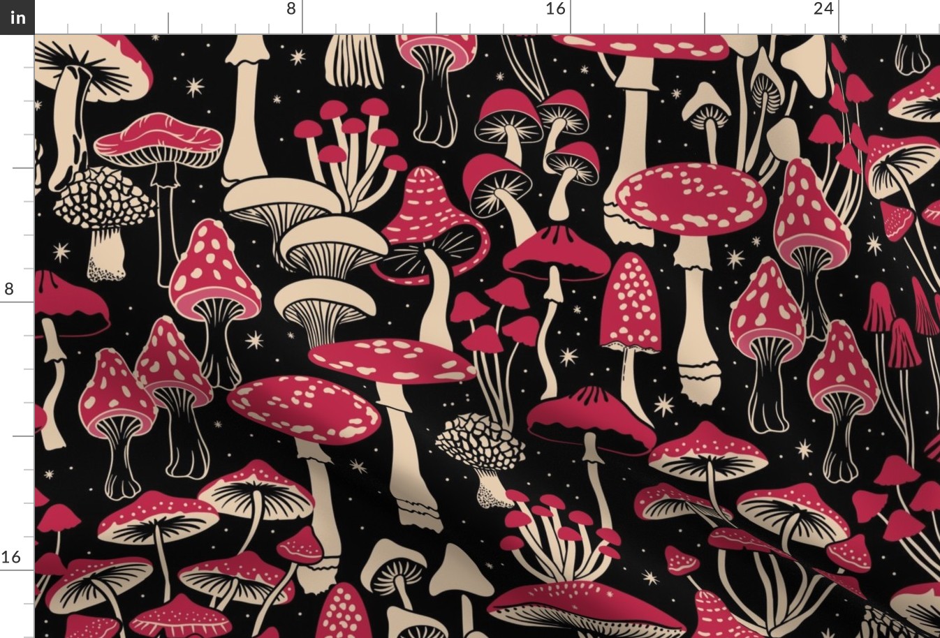 Mushroom Collection - botanical of assorted fungi -  Viva Magenta & gray sand on black - jumbo