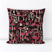 Mushroom Collection - botanical of assorted fungi -  Viva Magenta & gray sand on black - large