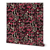 Mushroom Collection - botanical of assorted fungi -  Viva Magenta & gray sand on black - large