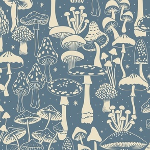 Mushroom Collection - botanical of assorted fungi -  cream on dusty blue - jumbo