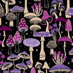 Mushroom Collection - botanical of assorted fungi - pink/magenta and purple and beige on black - jumbo