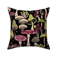 Mushroom Collection - botanical of assorted fungi - wine/burgundy, olive green and beige on black - jumbo