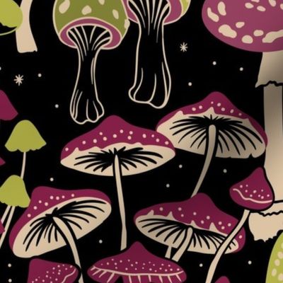 Mushroom Collection - botanical of assorted fungi - wine/burgundy, olive green and beige on black - jumbo
