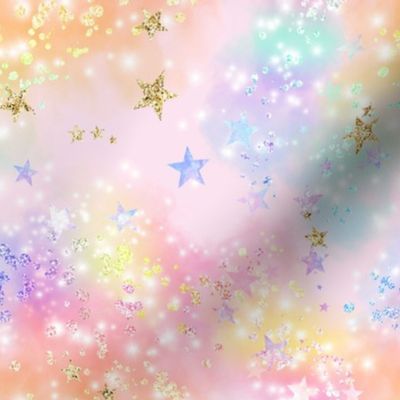 Pastel Rainbow Cloud Stars, pink background 