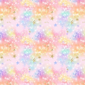 Pastel Rainbow Cloud Stars, pink background 