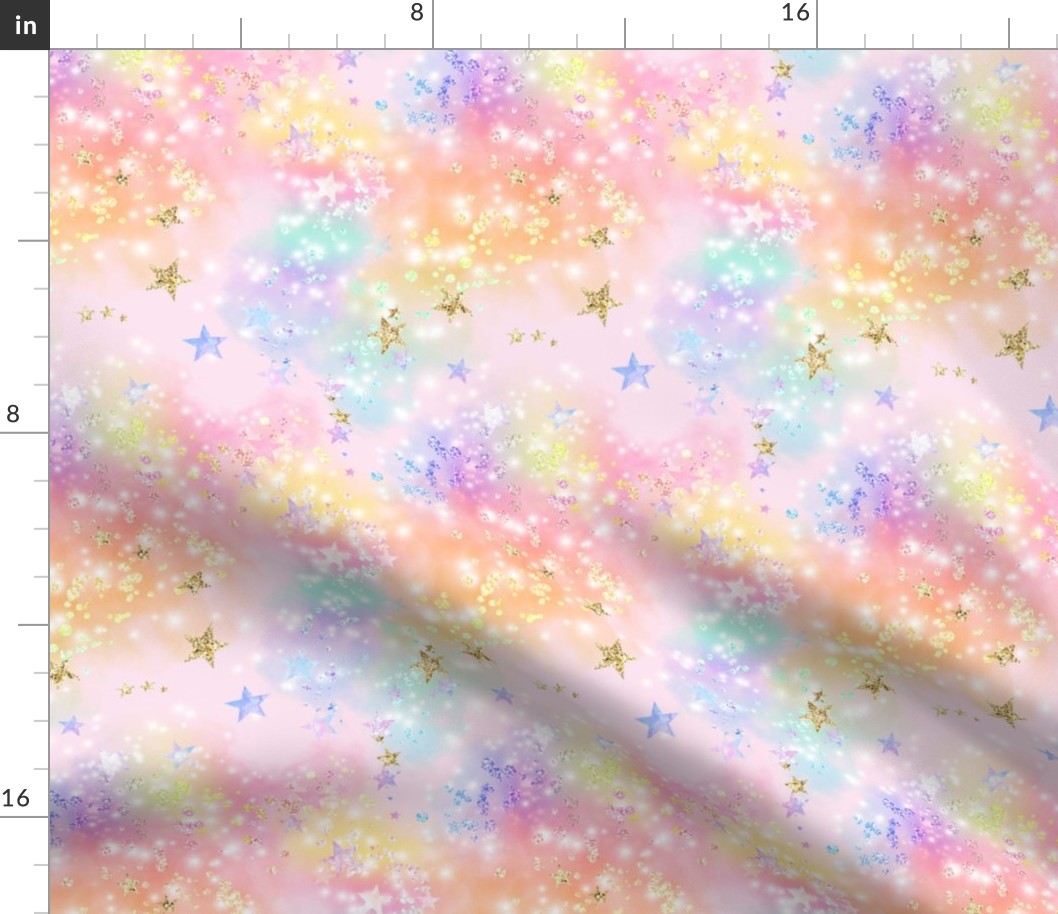 Pastel Rainbow Cloud Stars, pink background 