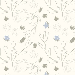 Pretty Hand Drawn Wildflowers - Pastel Blue And Green.