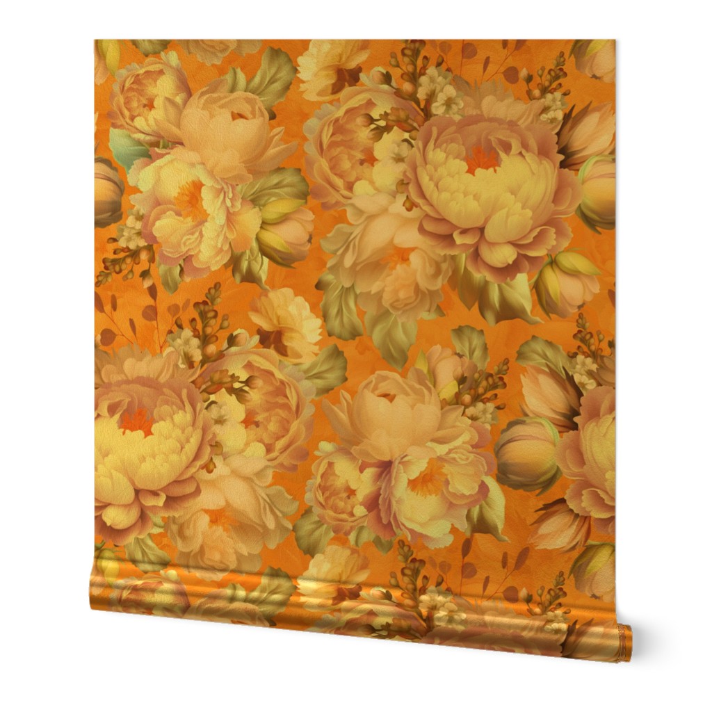 Baroque bold moody floral flower garden with english roses, bold peonies, pantone peach fuzz lush antiqued flemish  flowers