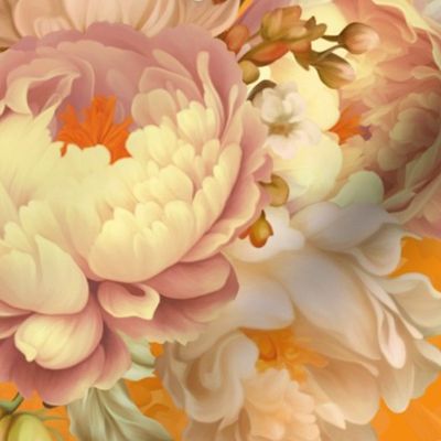 Baroque bold moody floral flower garden with english roses, bold peonies, pantone peach fuzz lush antiqued flemish  flowers