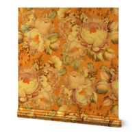 Baroque bold moody floral flower garden with english roses, bold peonies, pantone peach fuzz lush antiqued flemish  flowers