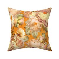 Baroque bold moody floral flower garden with english roses, bold peonies, pantone peach fuzz lush antiqued flemish  flowers