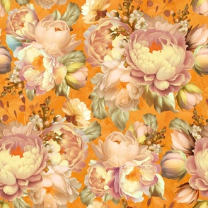 Baroque bold moody floral flower garden with english roses, bold peonies, pantone peach fuzz lush antiqued flemish  flowers