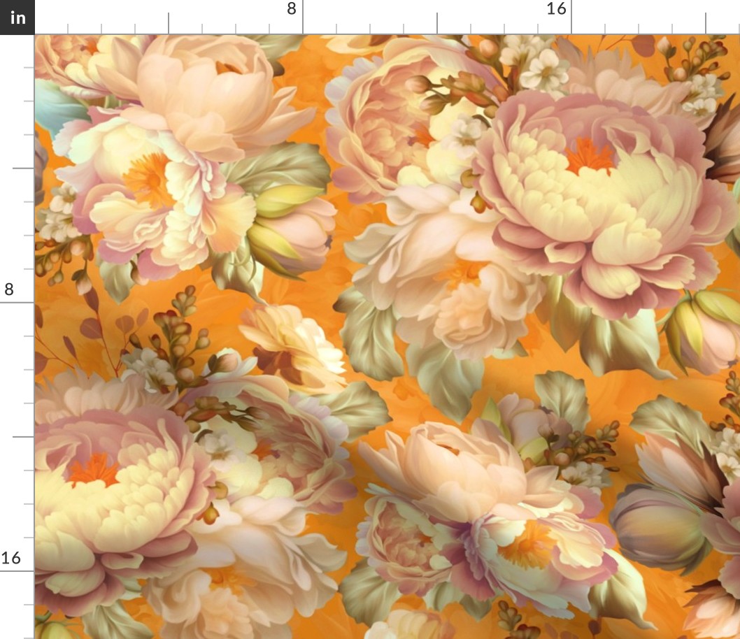 Baroque bold moody floral flower garden with english roses, bold peonies, pantone peach fuzz lush antiqued flemish  flowers